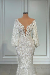 Elegant Long Mermaid V-neck Tulle Lace Wedding Dresses with Sleeves